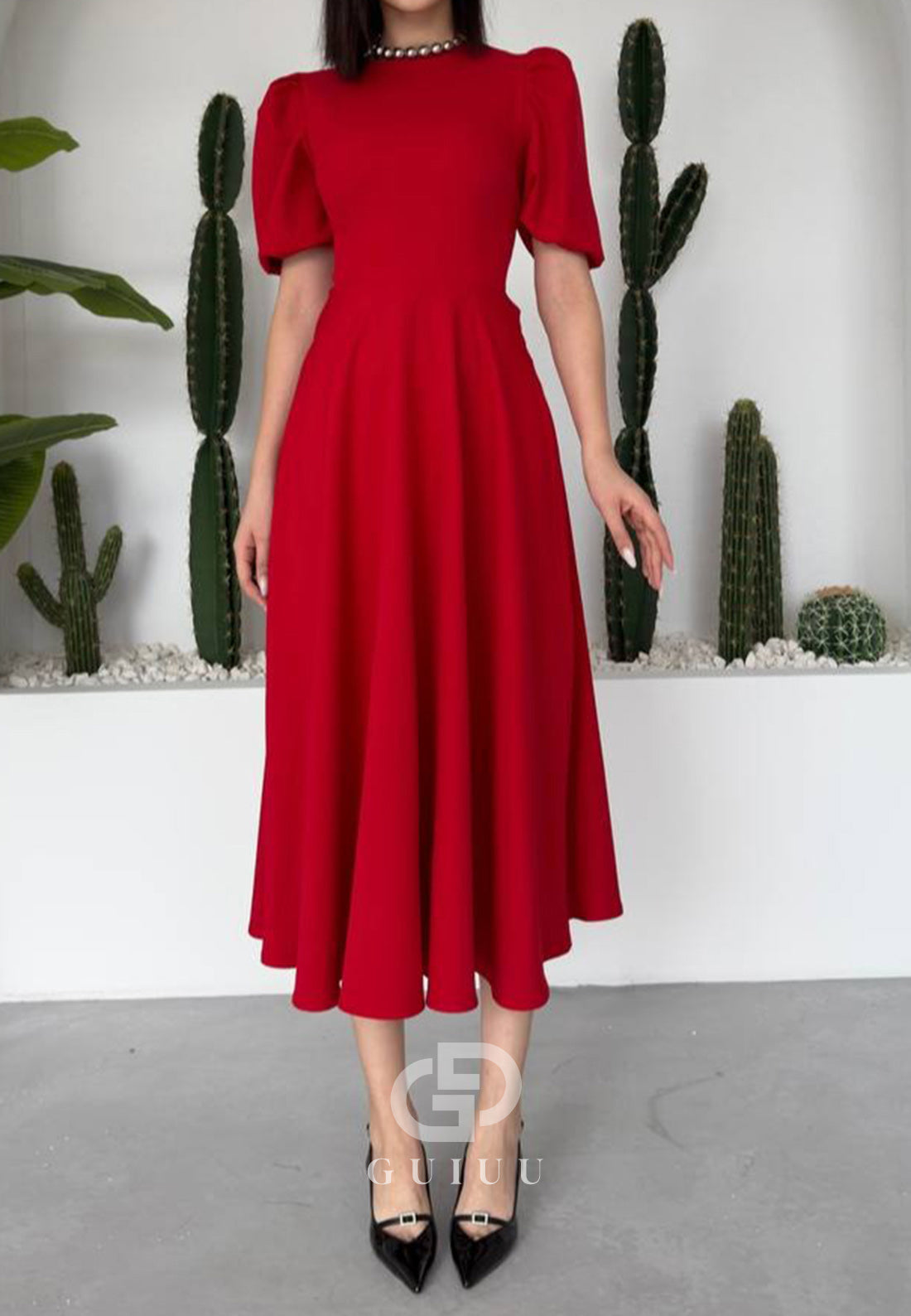 A-Line Short Sleeves Scoop Pearls Semi-Formal Dress