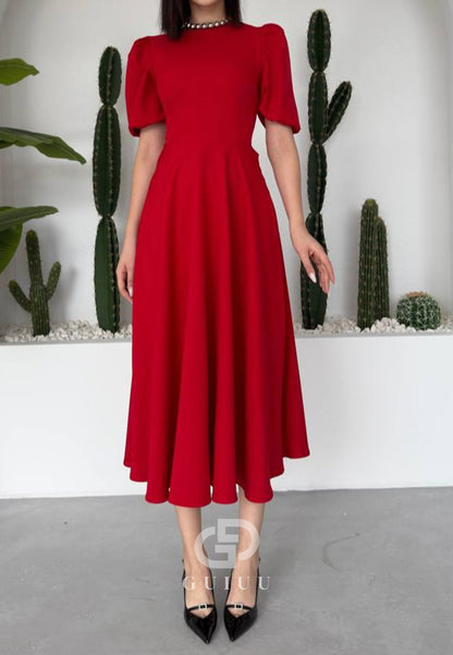 A-Line Short Sleeves Scoop Pearls Semi-Formal Dress