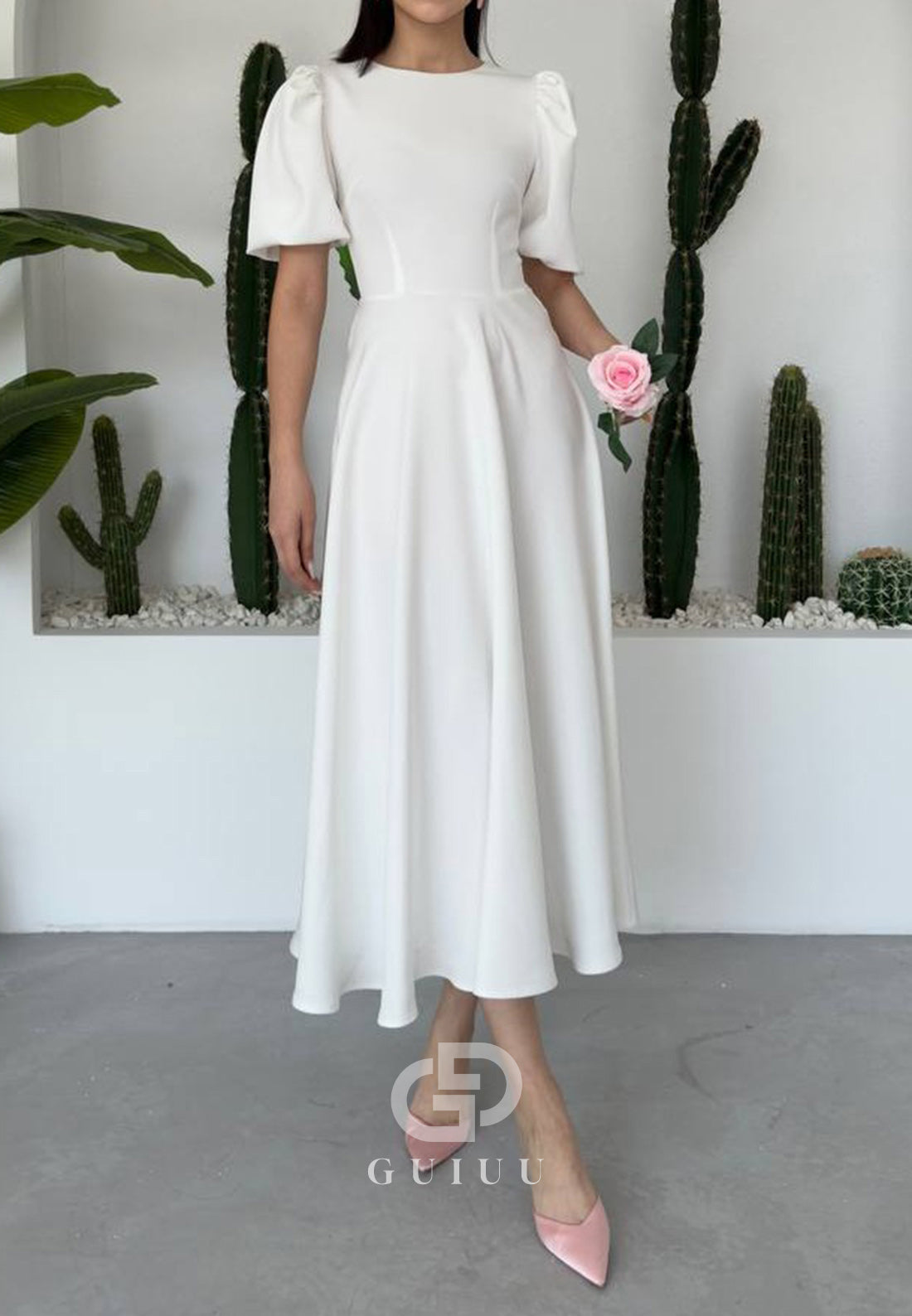 A-Line Short Sleeves Scoop Pearls Semi-Formal Dress