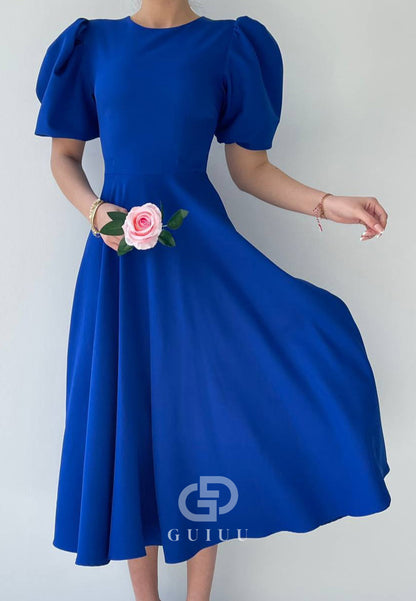 A-Line Short Sleeves Scoop Pearls Semi-Formal Dress