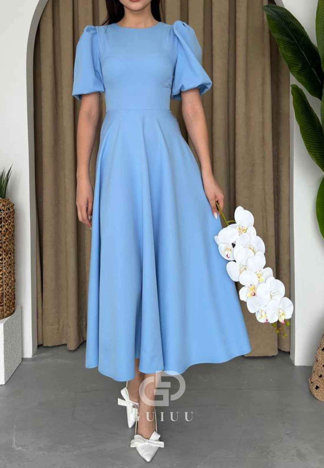 A-Line Short Sleeves Scoop Pearls Semi-Formal Dress