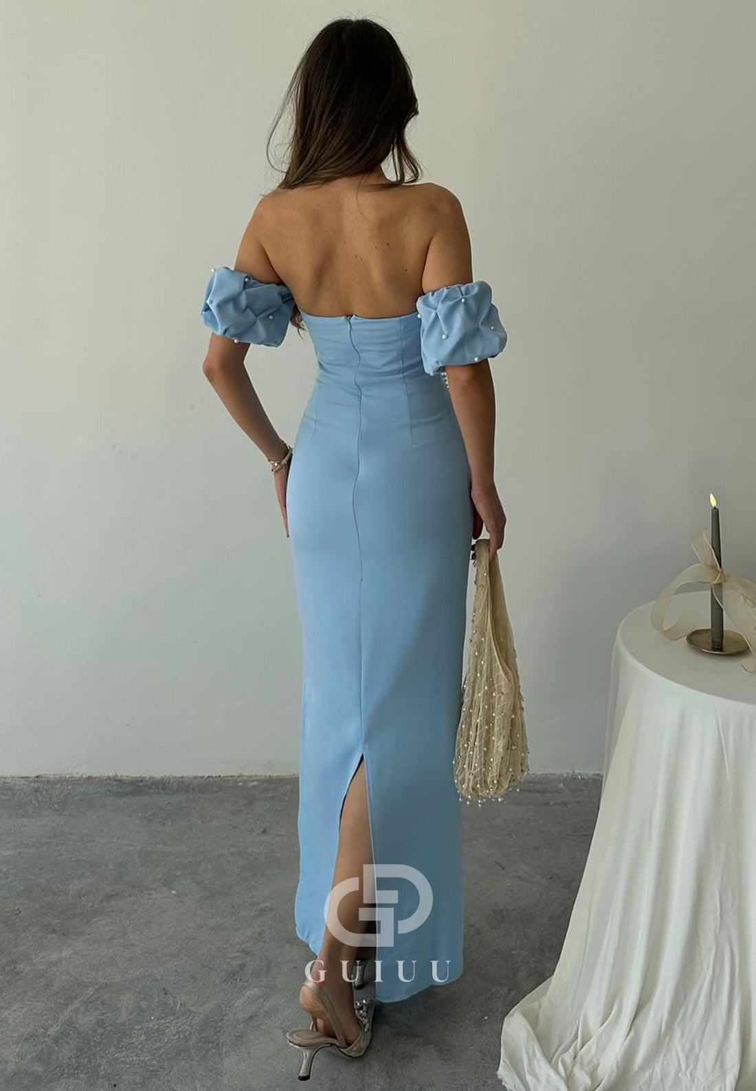 Sheath Off-Shoulder Short Sleeves Beads Semi-Formal Dress