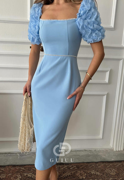 Sheath Short Sleeves Square Empire-Waist Cocktail Dress