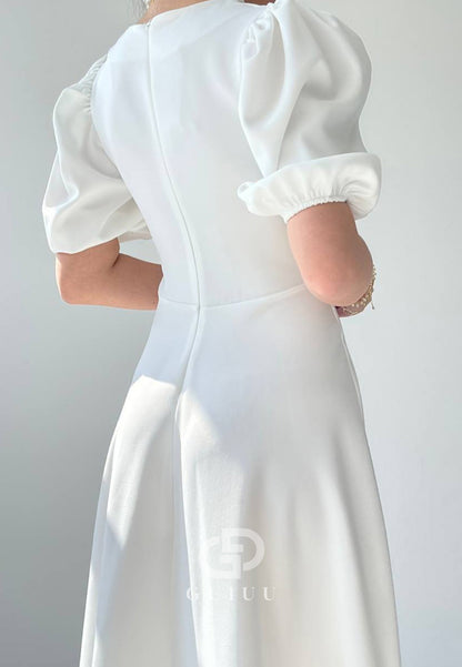 A-Line Short Sleeves Scoop Pearls Semi-Formal Dress