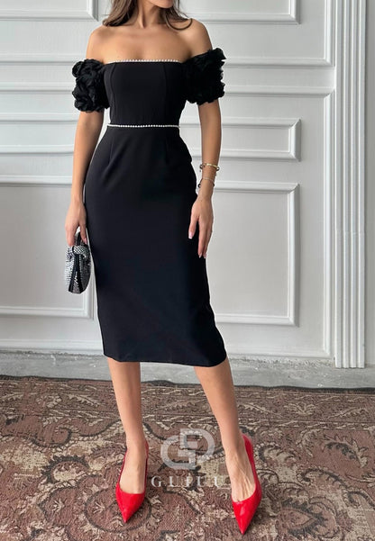 Sheath Short Sleeves Square Empire-Waist Cocktail Dress