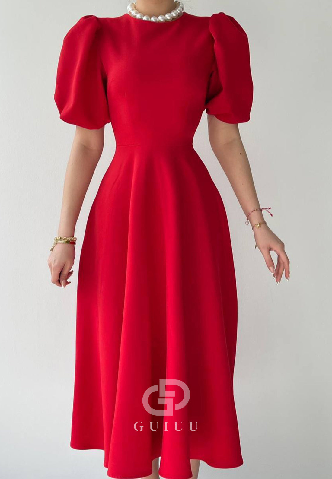 A-Line Short Sleeves Scoop Pearls Semi-Formal Dress