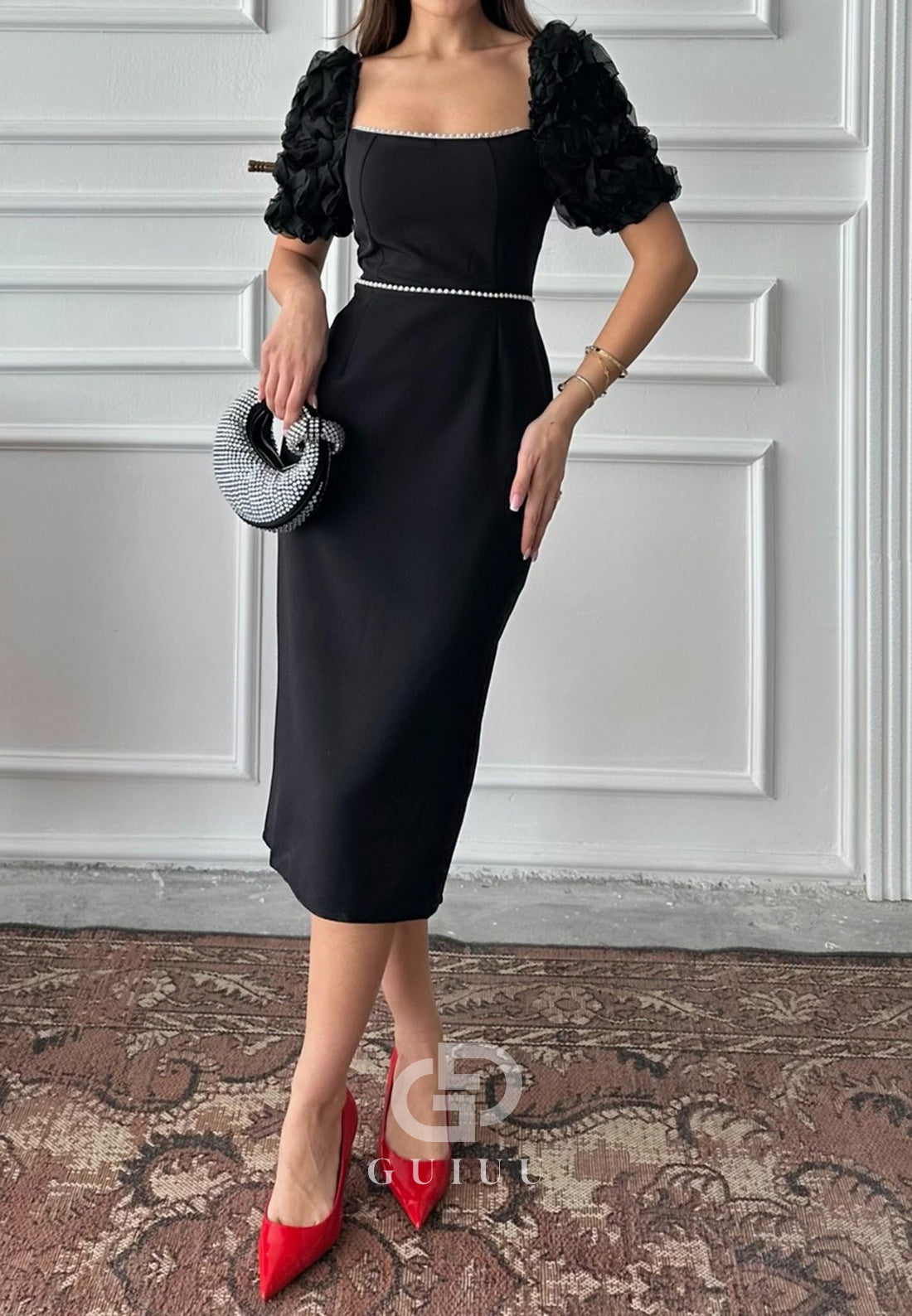 Sheath Short Sleeves Square Empire-Waist Cocktail Dress