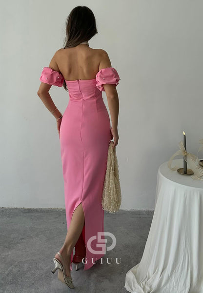 Sheath Off-Shoulder Short Sleeves Beads Semi-Formal Dress