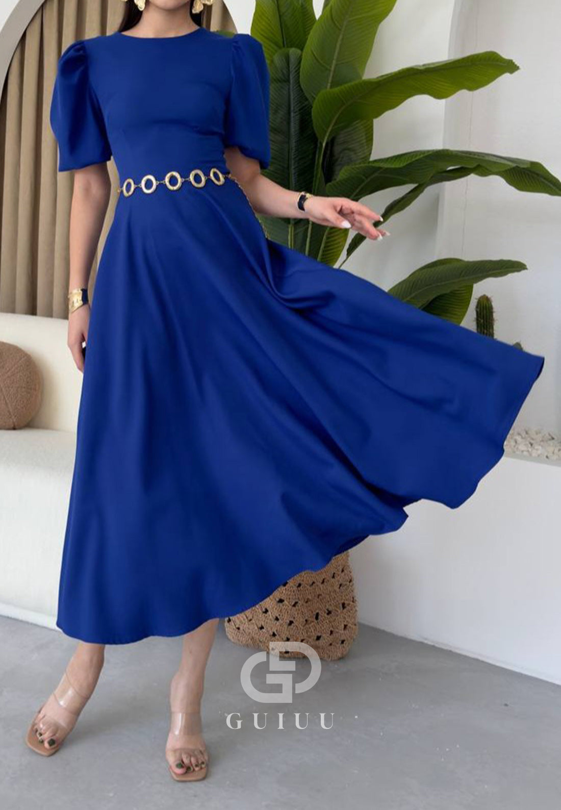 A-Line Short Sleeves Scoop Pearls Semi-Formal Dress