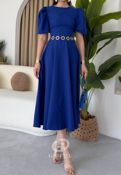 A-Line Short Sleeves Scoop Pearls Semi-Formal Dress