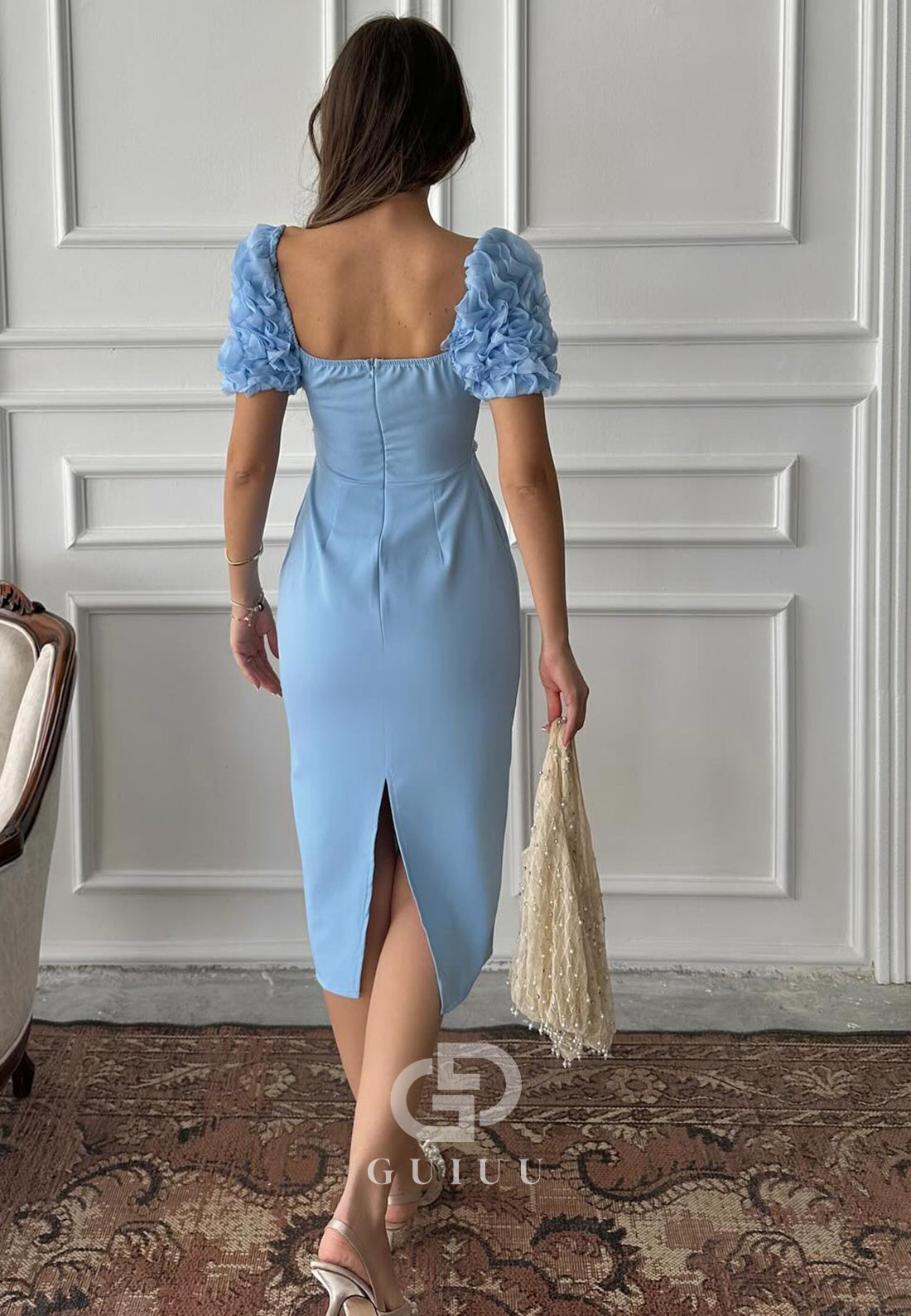 Sheath Short Sleeves Square Empire-Waist Cocktail Dress