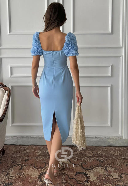 Sheath Short Sleeves Square Empire-Waist Cocktail Dress