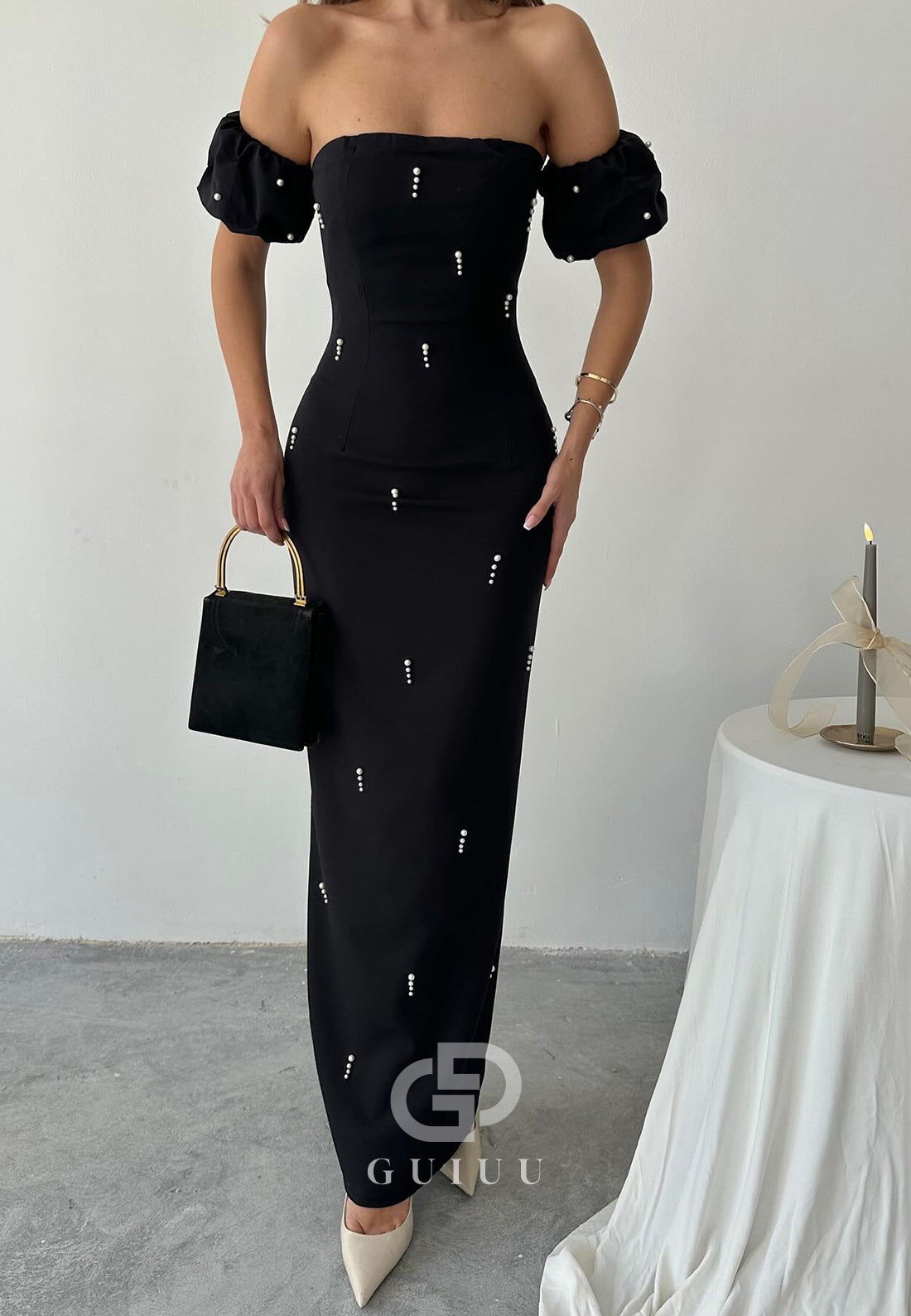 Sheath Off-Shoulder Short Sleeves Beads Semi-Formal Dress