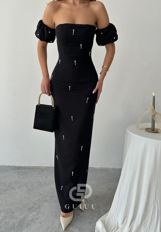 Sheath Off-Shoulder Short Sleeves Beads Semi-Formal Dress