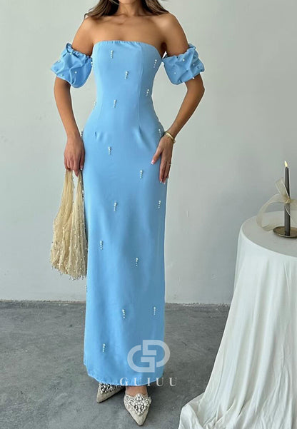 Sheath Off-Shoulder Short Sleeves Beads Semi-Formal Dress