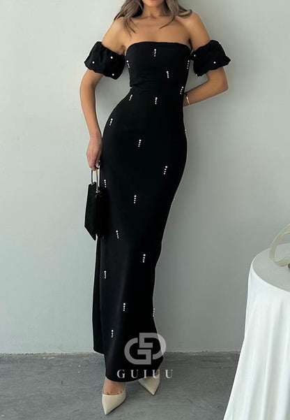 Sheath Off-Shoulder Short Sleeves Beads Semi-Formal Dress