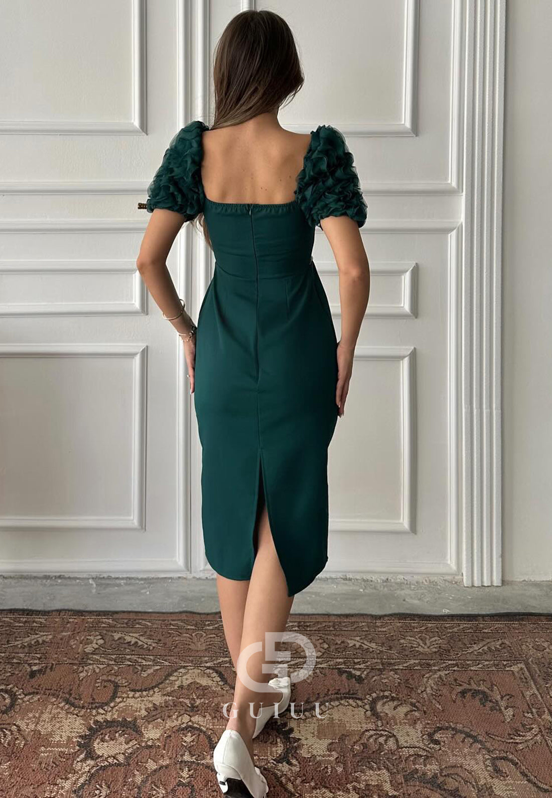 Sheath Short Sleeves Square Empire-Waist Cocktail Dress