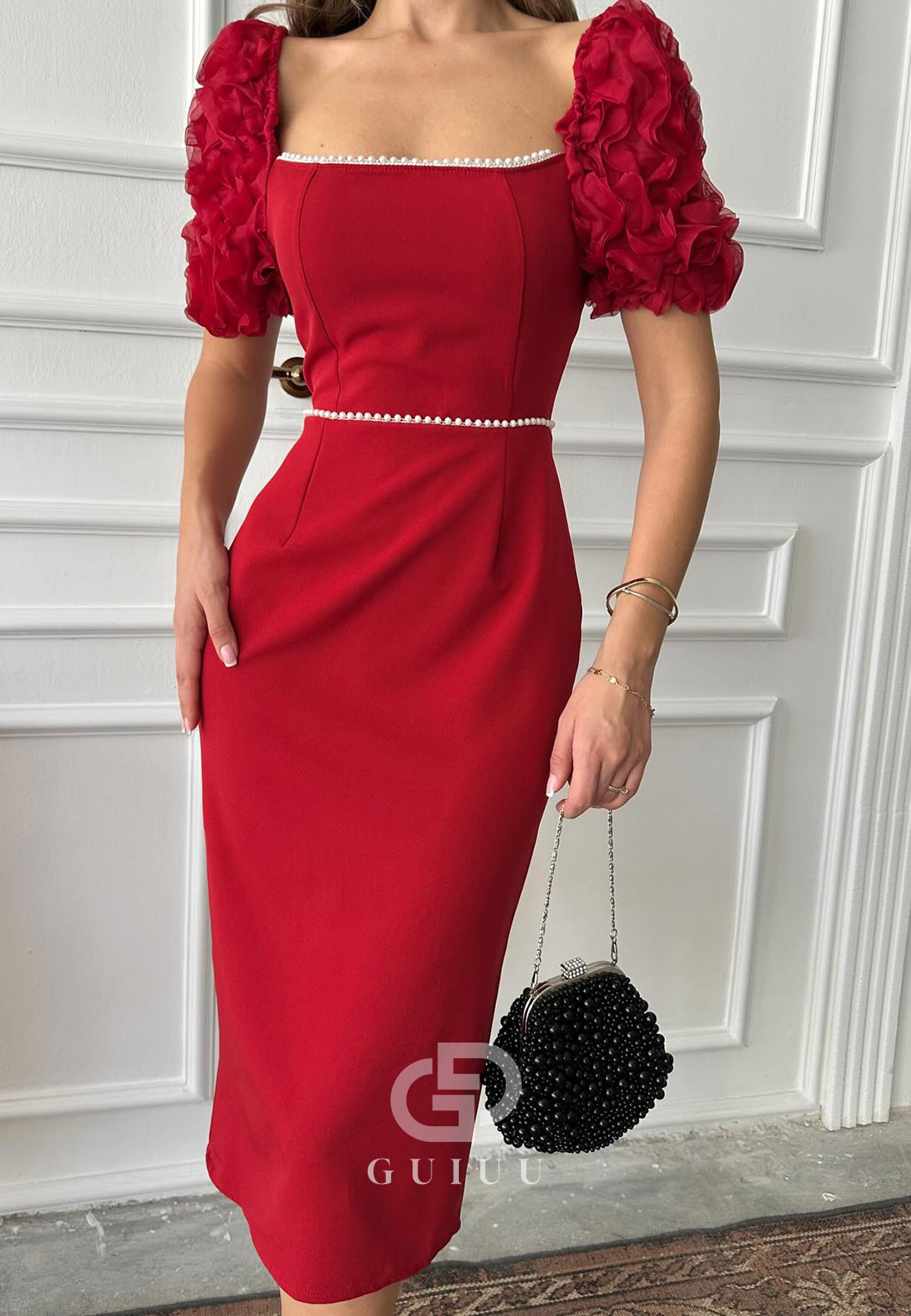 Sheath Short Sleeves Square Empire-Waist Cocktail Dress