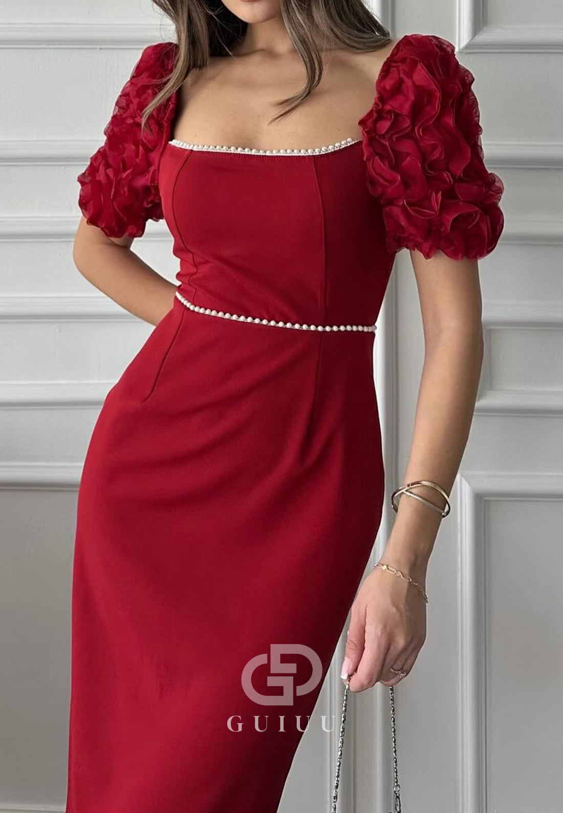 Sheath Short Sleeves Square Empire-Waist Cocktail Dress