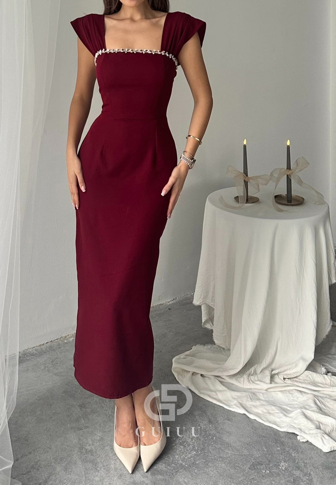 Spaghetti Straps Square Seqins Cocktail Dress