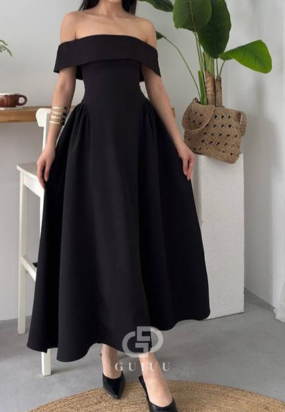 A-Line Off-Shoulder Cap Sleeves Corset Semi-Formal Dress