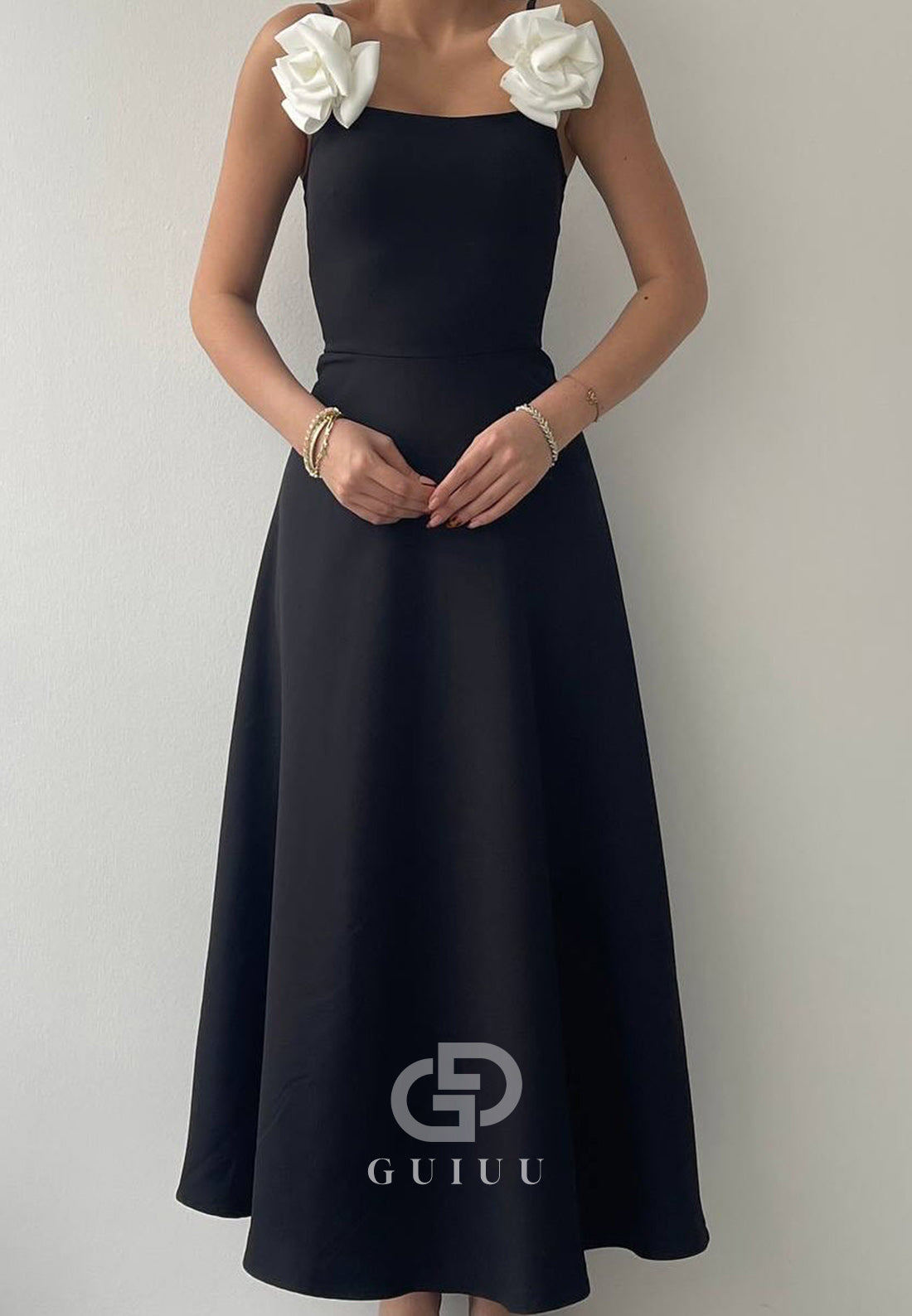 Simple Spaghetti Straps Floral Appliques Semi-Formal Dress