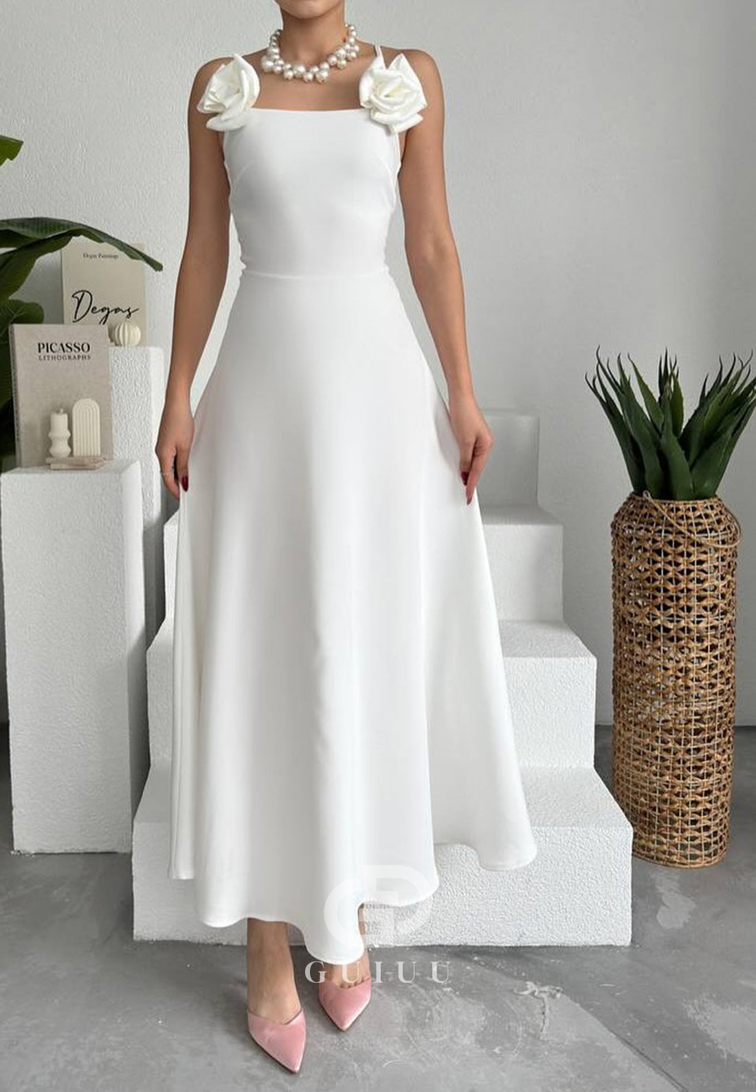 Simple Spaghetti Straps Floral Appliques Semi-Formal Dress