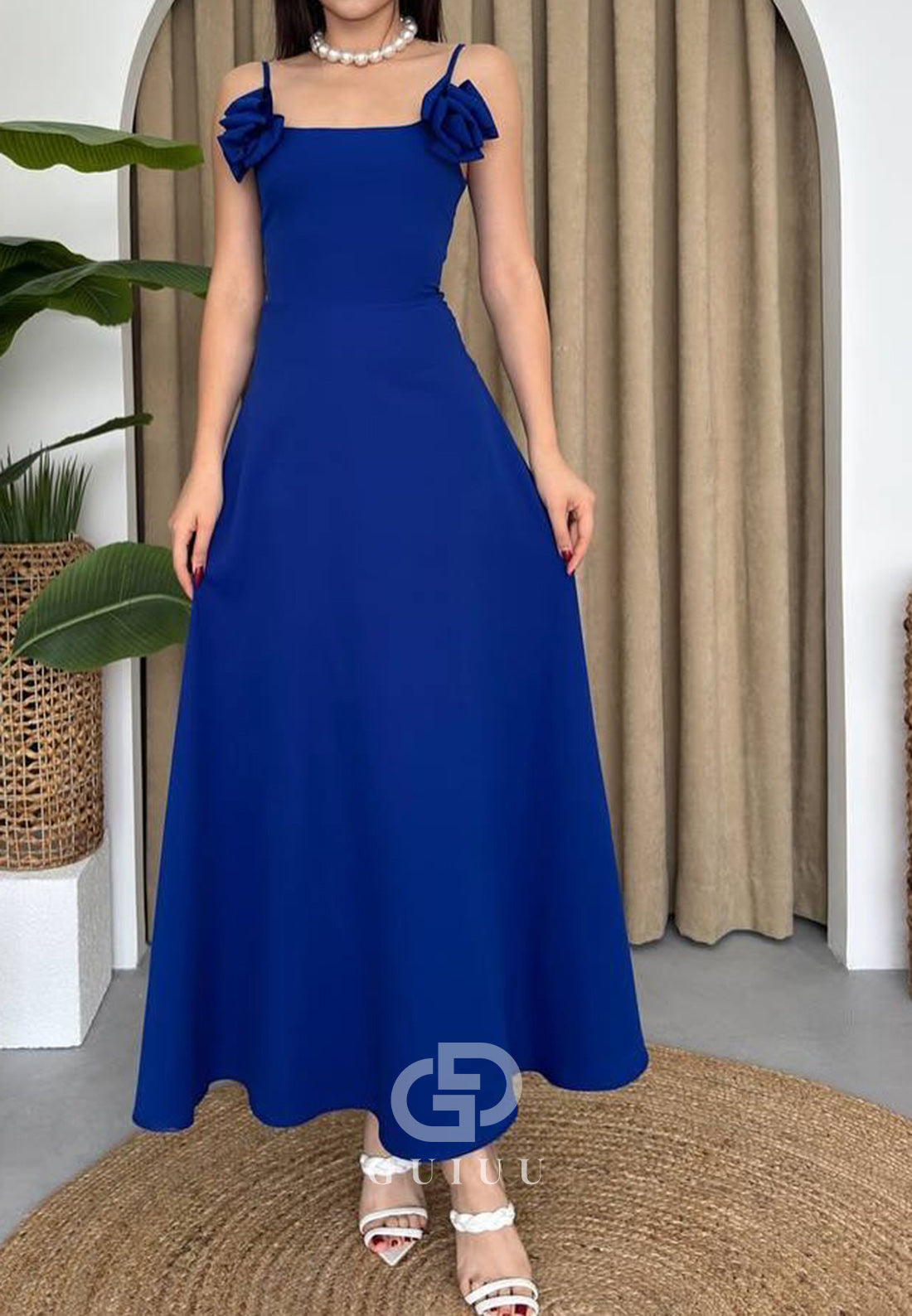 Simple Spaghetti Straps Floral Appliques Semi-Formal Dress