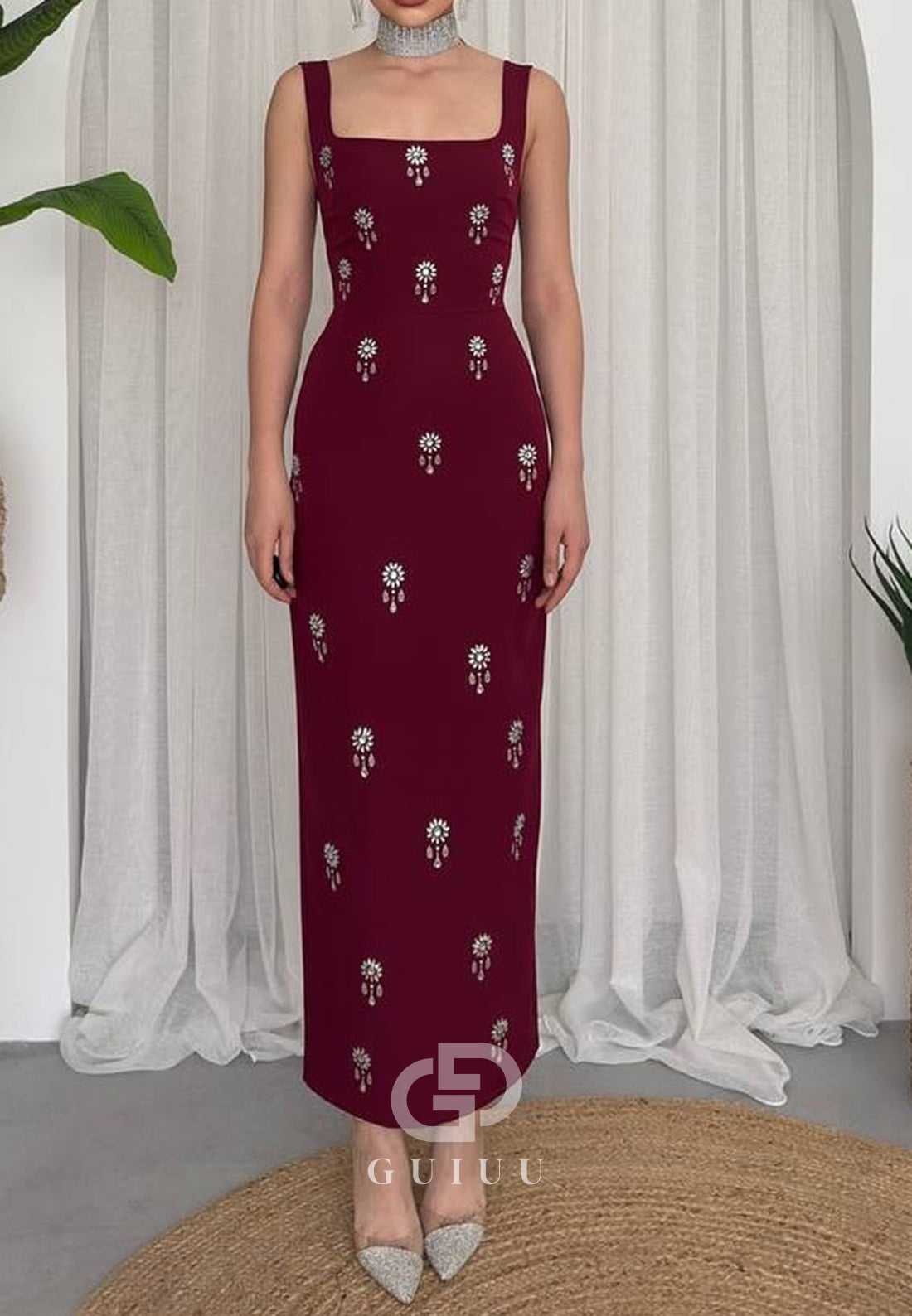 Spaghetti Straps Square Beads Ankle-Length Evening Dress