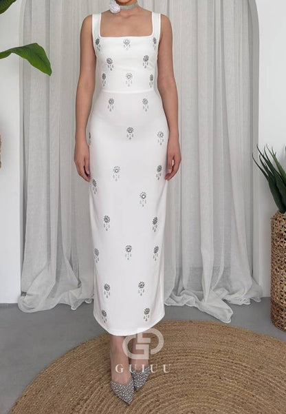 Spaghetti Straps Square Beads Ankle-Length Evening Dress