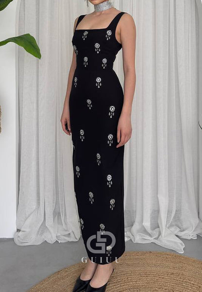 Spaghetti Straps Square Beads Ankle-Length Evening Dress