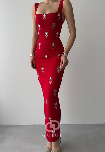 Spaghetti Straps Square Beads Ankle-Length Evening Dress