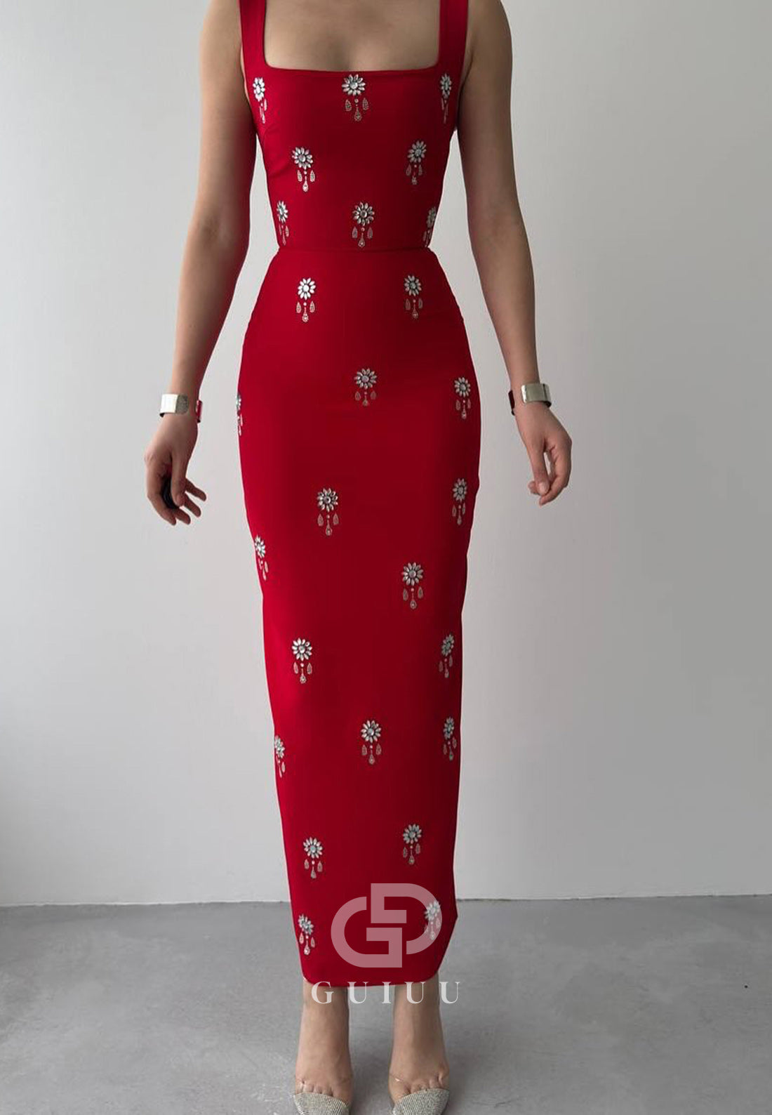 Spaghetti Straps Square Beads Ankle-Length Evening Dress