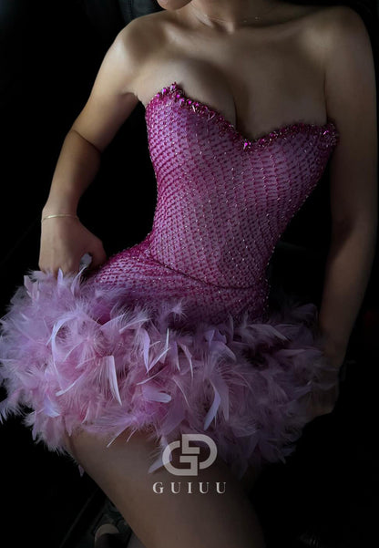 A-Line Strapless Sleeveless Feathers Mini Homecoming Dress