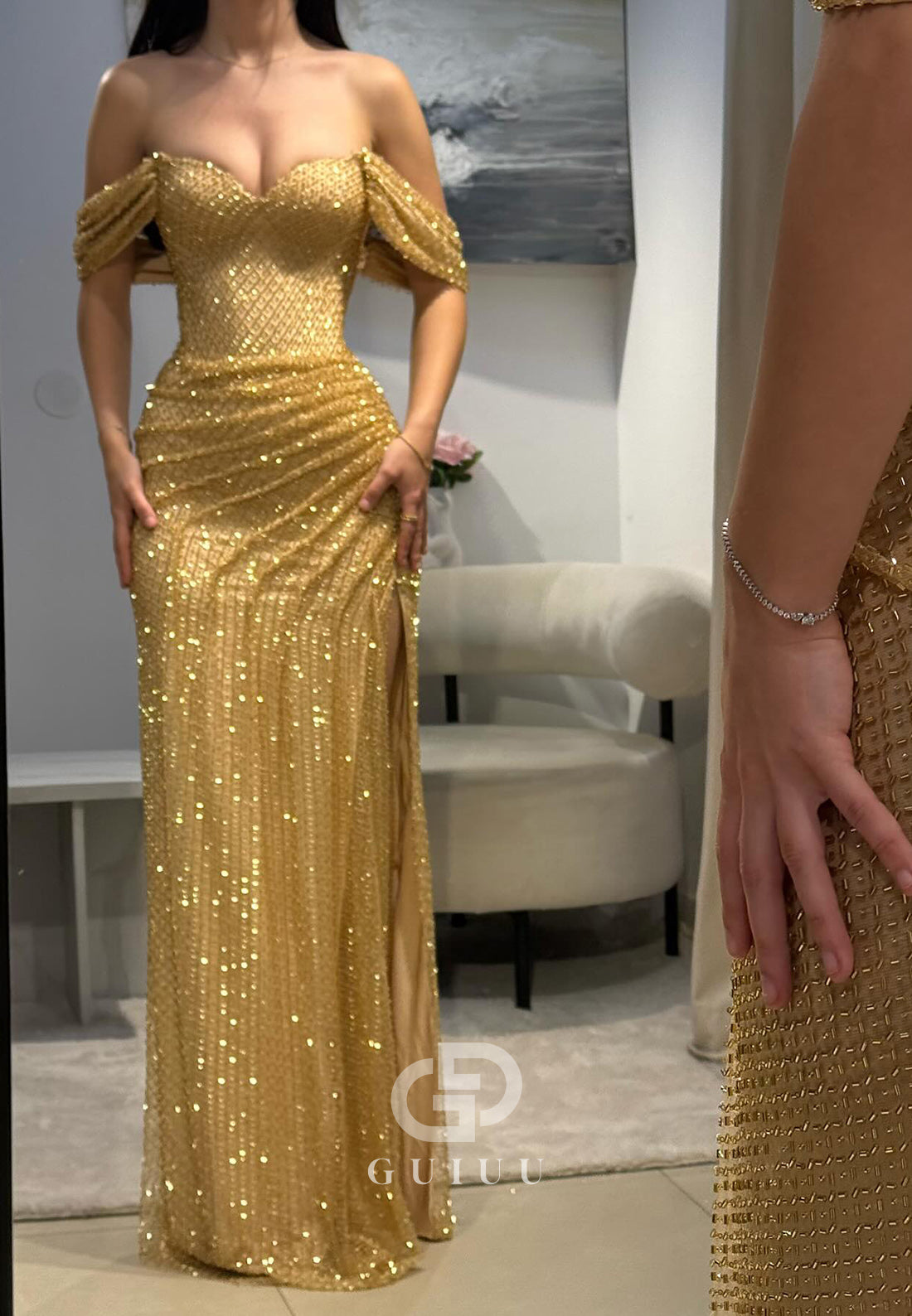 Gold Sweetheart Sleeveless Ruched Slit Prom Dress