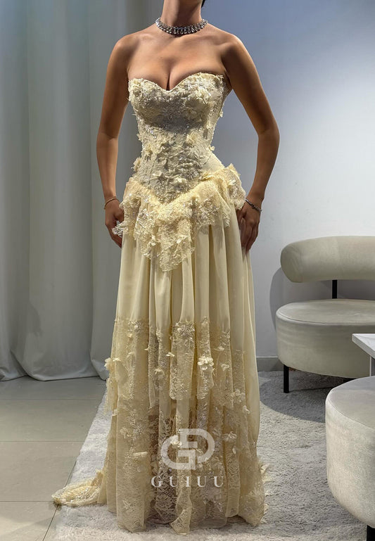 Daffodil A-Line Strapless Sleevelss Floral Appliques Prom Dress