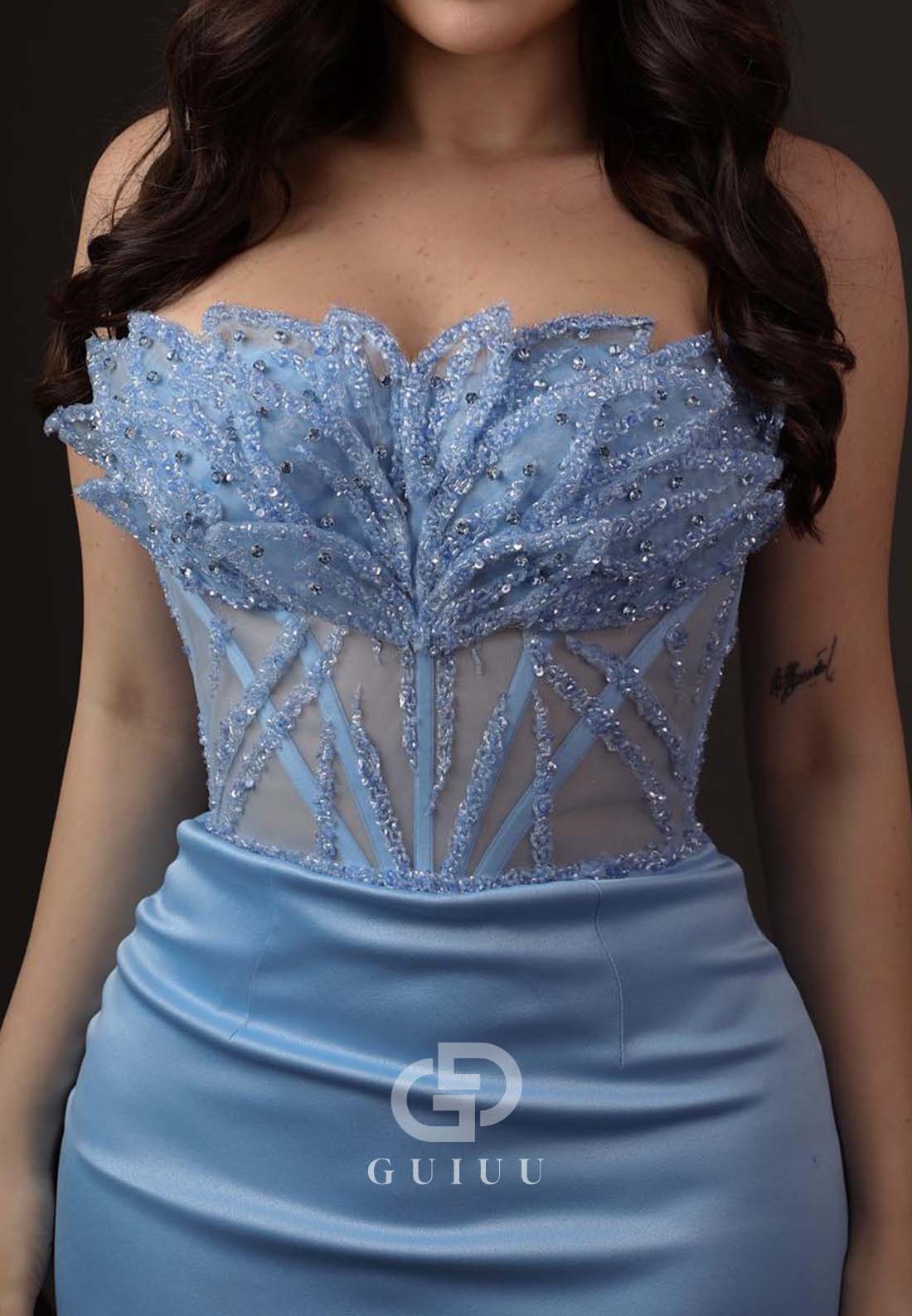 Sky Blue Sleeveless Strapless Corset Tulle Ruched Prom Dress
