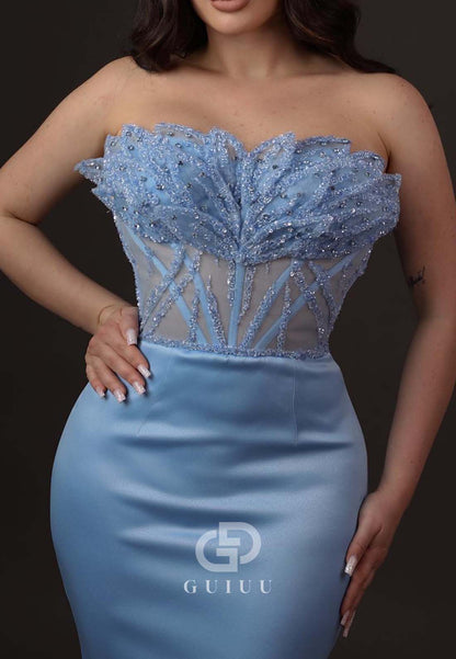 Sky Blue Sleeveless Strapless Corset Tulle Ruched Prom Dress