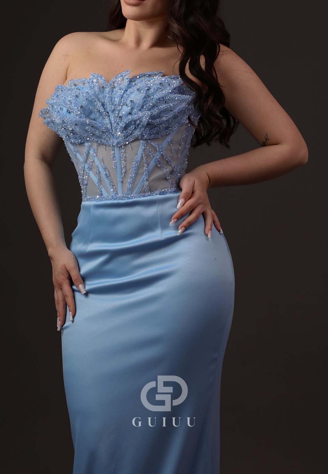 Sky Blue Sleeveless Strapless Corset Tulle Ruched Prom Dress