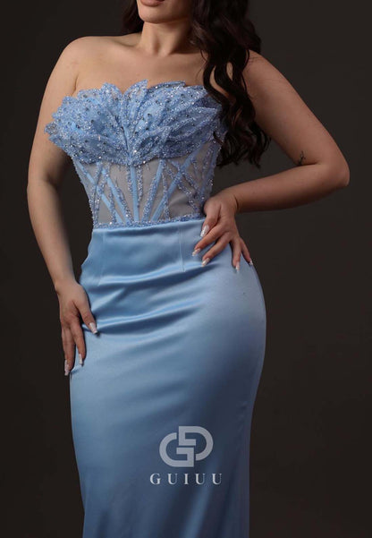 Sky Blue Sleeveless Strapless Corset Tulle Ruched Prom Dress