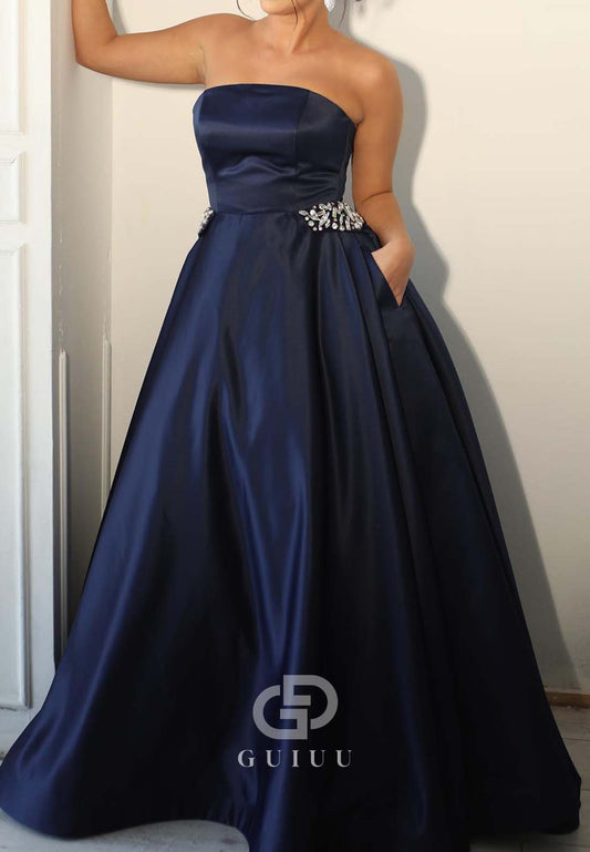 Dark Navy A-Line Sleeveless Strapless Beads Empire-Waist Evening Formal Dress