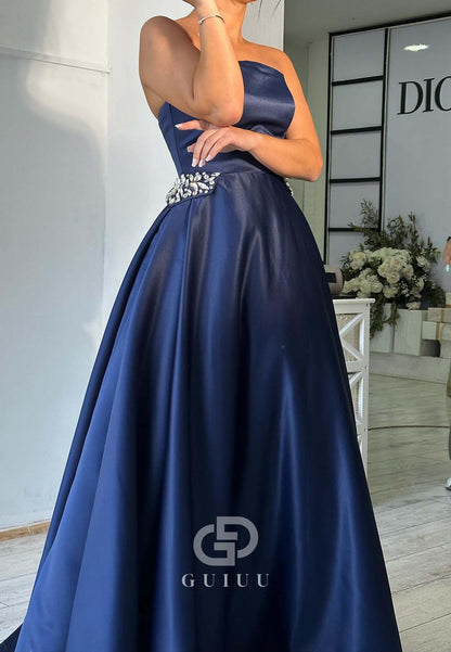 Dark Navy A-Line Sleeveless Strapless Beads Empire-Waist Evening Formal Dress