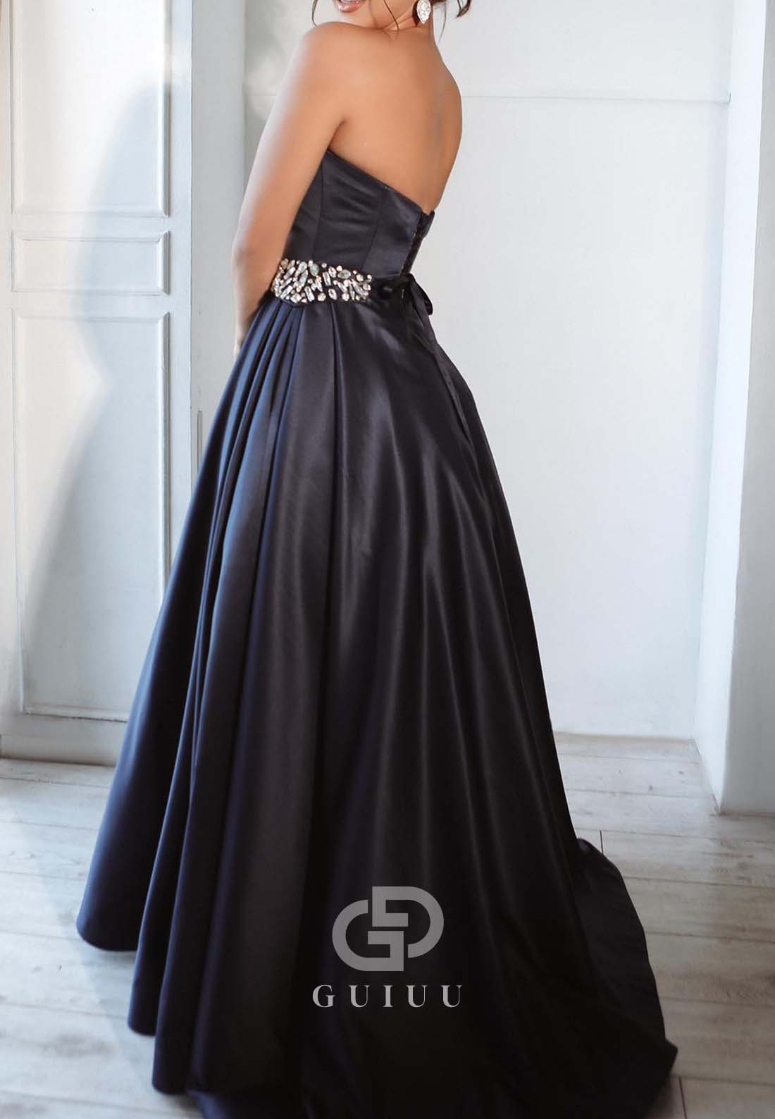 Dark Navy A-Line Sleeveless Strapless Beads Empire-Waist Evening Formal Dress