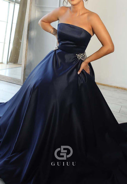 Dark Navy A-Line Sleeveless Strapless Beads Empire-Waist Evening Formal Dress