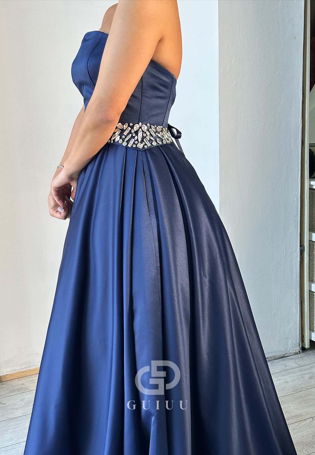 Dark Navy A-Line Sleeveless Strapless Beads Empire-Waist Evening Formal Dress