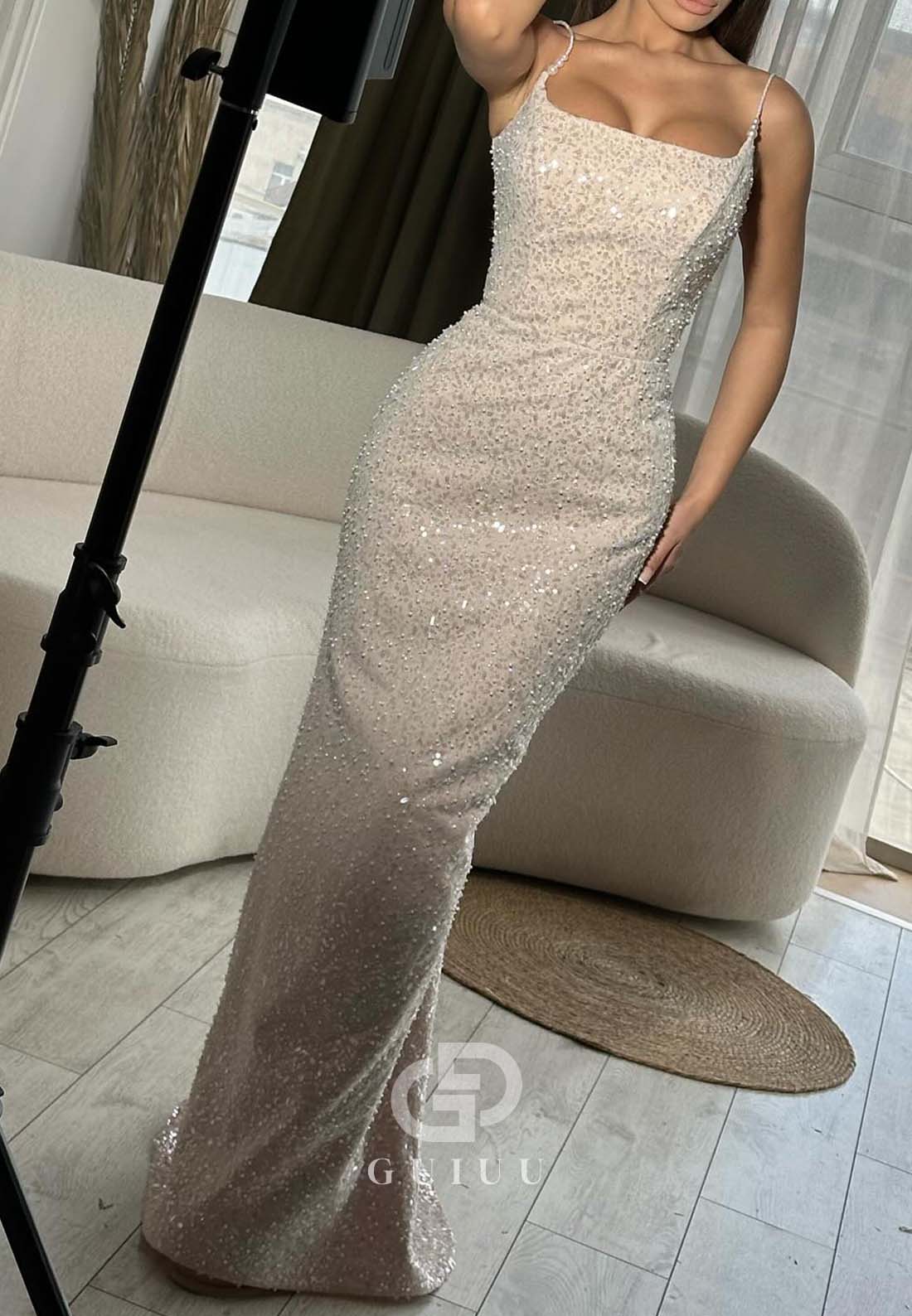 Sheath Spaghetti Straps Scoop Prom Dress with Beads