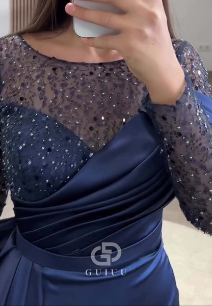 Sheath Long Sleeves Scoop Sequins Ruched Evening Dress