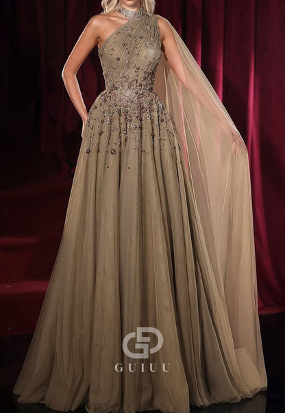 Dusty Sage Halter Sleeveless Beads Empire-Waist Evening Dress