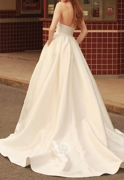 Simple Strapless Sleeveless Slit Satin Wedding Dress