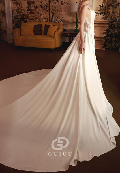 Spaghetti Straps Scoop Ruched Satin Wedding Dress